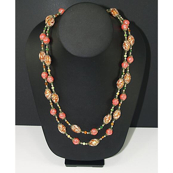 Vintage Japan Orange Gold Art Bead Necklace, Two Strands, 1950s - Picture 4 of 10